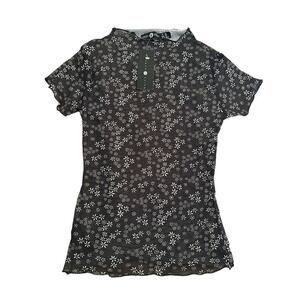 Daisy Street Women's Short Sleeve Mesh Ditsy Floral Pullover Top Sz 6 Black NWT